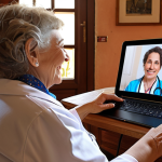 **Prompt:** A modern Italian doctor smiles reassuringly during a telemedicine video call with an elderly woman in her cozy, sunlit Tuscan home. The scene emphasizes connection and care, showcasing the convenience of remote healthcare. Soft, warm lighting, contemporary design, tablet screen visible.