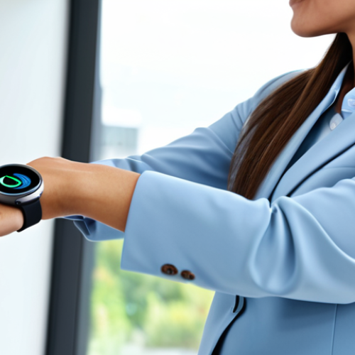 Home 21 A professional businesswoman in modest, modern business attire, calmly interacting with a sleek smartwatch on her wrist in a bright, contemporary home office. The smartwatch screen displays abstract, clean health data graphics. The scene conveys a sense of proactive health management and technological integration. fully clothed, appropriate content, safe for work, perfect anatomy, correct proportions, natural pose, professional photography, high quality, professional, family-friendly.
