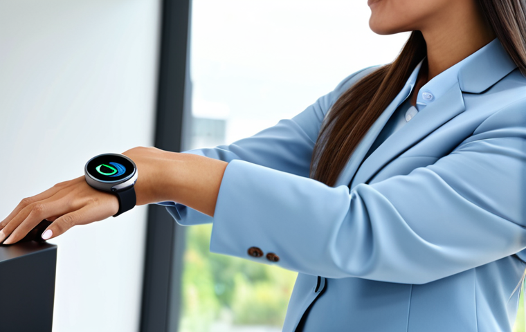 A professional businesswoman in modest, modern business attire, calmly interacting with a sleek smartwatch on her wrist in a bright, contemporary home office. The smartwatch screen displays abstract, clean health data graphics. The scene conveys a sense of proactive health management and technological integration. fully clothed, appropriate content, safe for work, perfect anatomy, correct proportions, natural pose, professional photography, high quality, professional, family-friendly.