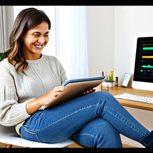 Home 19 Personalized Learning**
A woman in her late 20s, wearing a comfortable, casual outfit (jeans and a sweater), sitting at a bright desk at home. She is smiling and looking at a tablet displaying an interactive learning app with charts and progress trackers. The room is tidy and well-lit, with plants and bookshelves in the background. Safe for work, appropriate content, fully clothed, professional, perfect anatomy, natural proportions, high quality digital illustration, family-friendly.
**