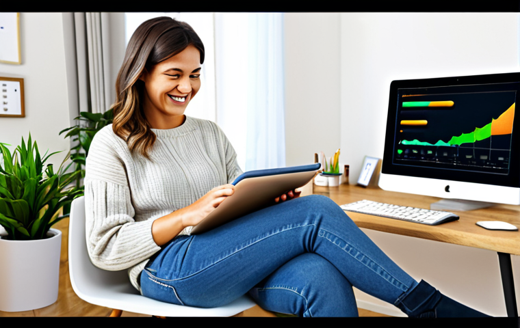 Personalized Learning**

A woman in her late 20s, wearing a comfortable, casual outfit (jeans and a sweater), sitting at a bright desk at home. She is smiling and looking at a tablet displaying an interactive learning app with charts and progress trackers. The room is tidy and well-lit, with plants and bookshelves in the background. Safe for work, appropriate content, fully clothed, professional, perfect anatomy, natural proportions, high quality digital illustration, family-friendly.

**
