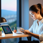 Home 12 디지털 헬스케어의 교육적 측면 - **Prompt:** A young adult, casually but fully clothed, sits comfortably at a desk in a modern, well-...