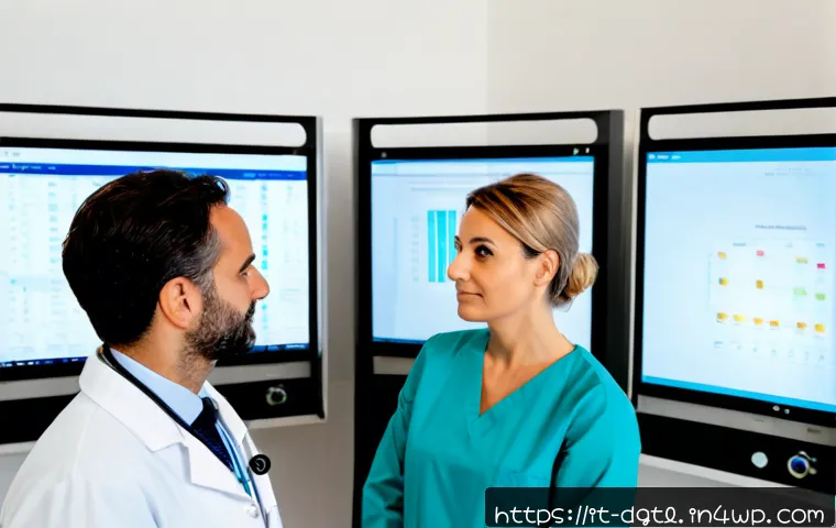 Home 15 디지털 헬스케어의 국제 협력 사례 - Photorealistic international digital healthcare collaboration scene in a bright modern hospital in R...